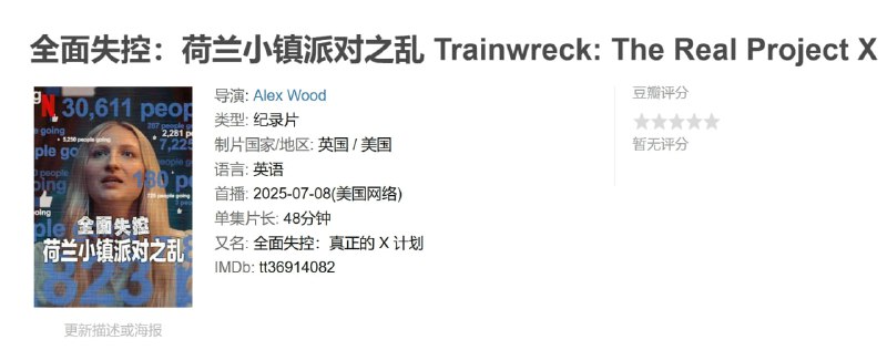 名称：全面失控：荷兰小镇派对之乱 Trainwreck: The Real Project X (2025)描述：2012年，荷兰哈伦小镇的一名少女在Facebook上为自己的16岁生日派对创建了一个活动，却错误地将私密派对设置成了公开