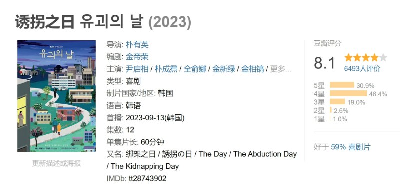 名称：诱拐之日 유괴의 날 (2023)描述：改编自同名小说，讲述一名笨拙的绑架犯金明俊(尹启相 饰)绑架了11岁天才少女崔露熙(全俞娜 饰)，却意外卷入另一场风暴之中，为追查真相，绑架犯与天才少女联手合作的温馨惊悚剧