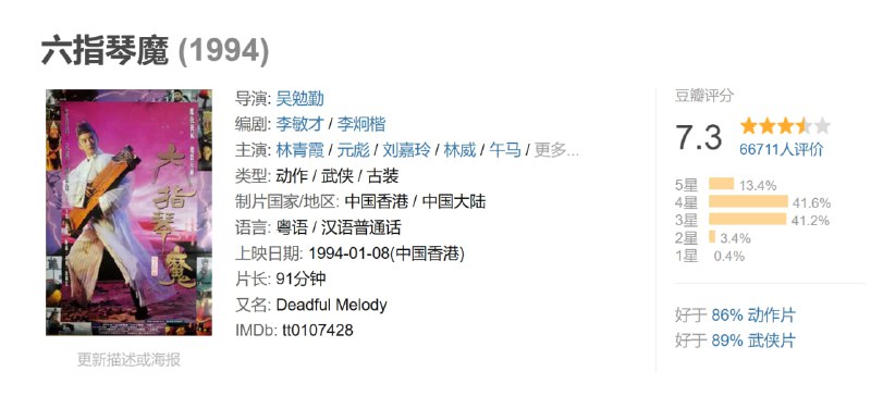 名称：六指琴魔 (1994)描述：黄雪梅(林青霞 饰)的父母因保护“天魔琴”为六大门派追杀致死，小弟黄麟也失踪