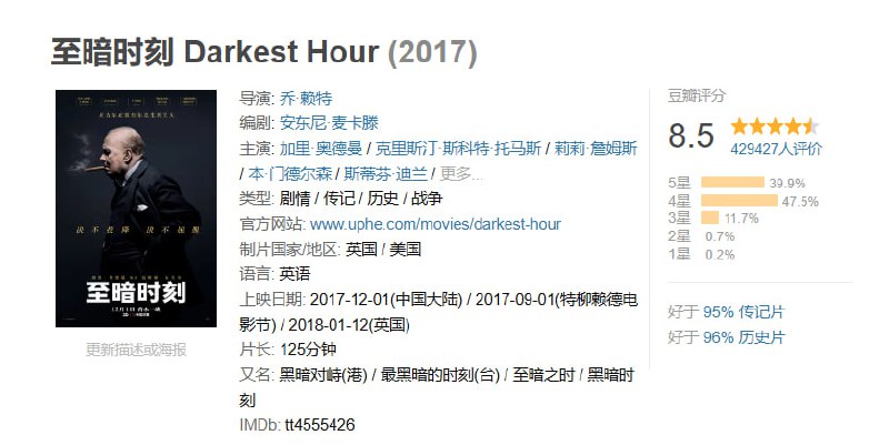 名称：至暗时刻 Darkest Hour (2017)描述：影片讲述英国首相丘吉尔在作为首相期间面临的最重要的审判：是向纳粹妥协做俘虏，还是团结人民群起反抗？丘吉尔将集结整个国家为自由奋战，试图改变世界历史进程，度过黎明前的黑暗