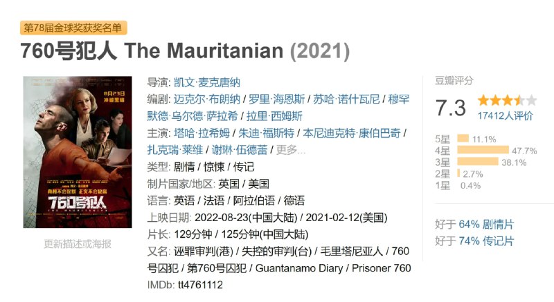 名称：760号犯人 The Mauritanian (2021)描述：影片改编自Mohamedou Ould Slahi的回忆录《关塔那摩日记》，讲述Slahi(塔哈·拉希姆 饰)被美国政府俘虏，在毫无指控与判决的情况下被关进了监狱，经受长达14年监禁与折磨