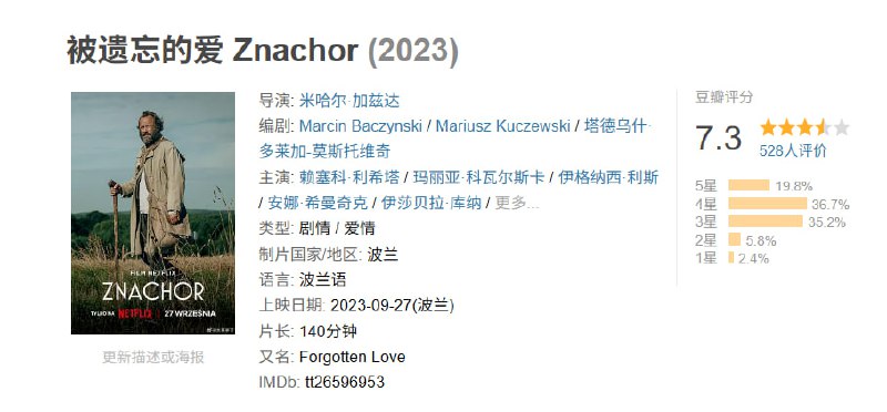 名称：被遗忘的爱 Znachor (2023)描述：　他曾经是一名受人尊敬的外科医生，如今试图恢复记忆并找回已不记得自己的女儿