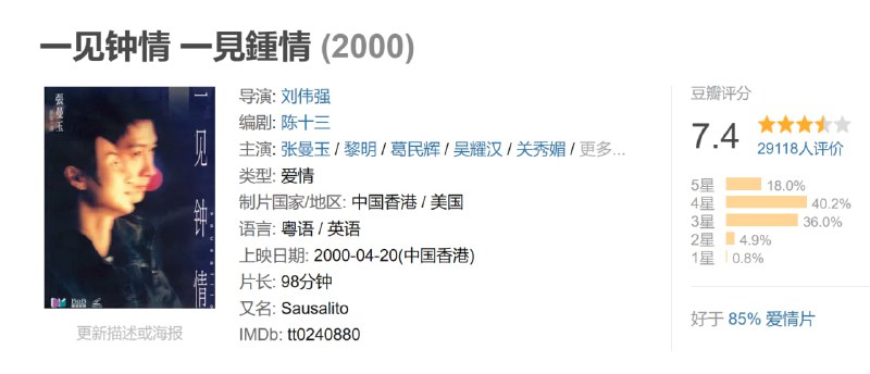 名称：一见钟情 一見鍾情 (2000)描述：被丈夫遗弃的Ellen（张曼玉）与玩世不恭的网络公司创办人Mike（黎明饰）在美国旧金山一见钟情，开始了一段爱情攻防战争