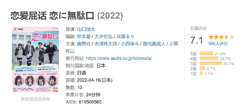 名称：恋爱屁话 恋に無駄口 (2022)描述：它描绘了笨拙的高中男生，他们很帅，但每天都会向 SNS 上传愚蠢的验证，并尽可能地浪费他们的青春