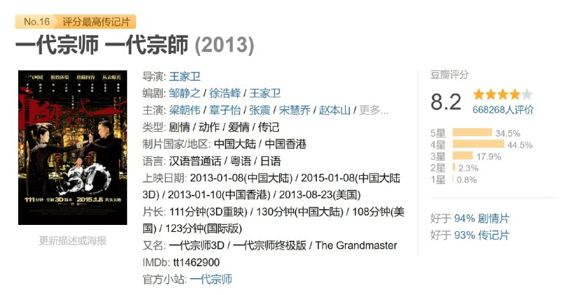 名称：一代宗师 一代宗師 (2013)描述：广东佛山人叶问(梁朝伟 饰)，年少时家境优渥，师从咏春拳第二代传人陈华顺学习拳法，师傅“一条腰带一口气”的告诫，支持他走过兵荒马乱、朝代更迭的混乱年代