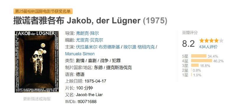 名称：撒谎者雅各布 Jakob, der Lügner (1975)描述：1943年的一个波兰犹太人隔离区，一个年老的犹太人雅各布每天向人们传播着关于未来的希望，他告诉大家这些美好的消息是他从广播中听到的，而实际上全部都是他自己编造的……1943年德国占领期间的波兰，犹太人被限制生活在独立的隔离区内，一个叫雅格布的中年犹太人每天都向身边的人散发着盟军的推进和德军败退的消息，大家都以为这些美好的消息是他从自己私藏的收音机电台广播中听到的，但实际上雅格布却编造着一个个天大的谎言来鼓舞同胞们坚持下去
