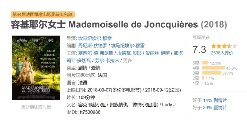 名称：容基耶尔女士 Mademoiselle de Joncquières (2018)描述：一个富有的寡妇爱上了一个好色的侯爵，但两人的爱情却急转向下，于是她决定在一名年轻的女子的帮助下实施报复.链接：