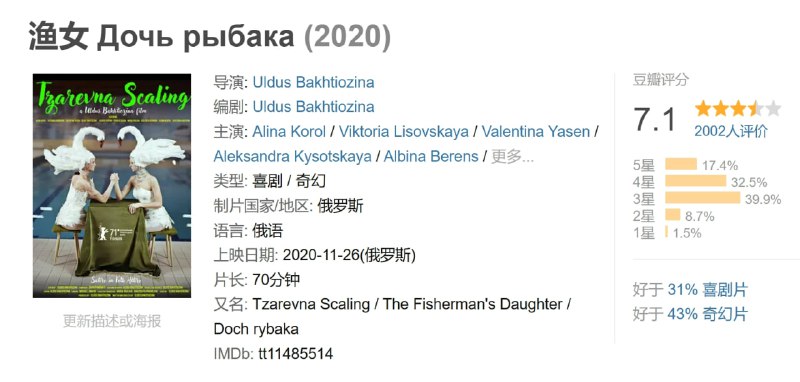 名称：渔女 Дочь рыбака (2020)描述：波利娜因为担心哥哥而常常失眠