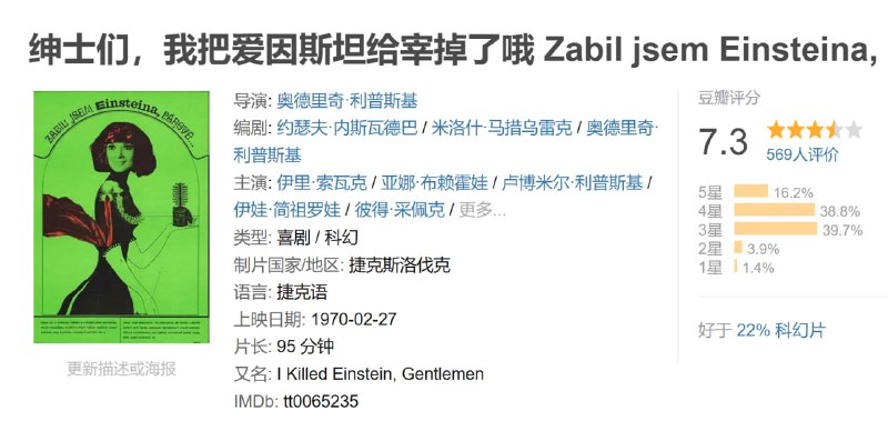 名称：绅士们，我把爱因斯坦给宰掉了哦 Zabil jsem Einsteina, panove (1970)描述：这部未来主义科幻喜剧以原子弹爆炸为特色，导致女性长出胡须并失去生育能力