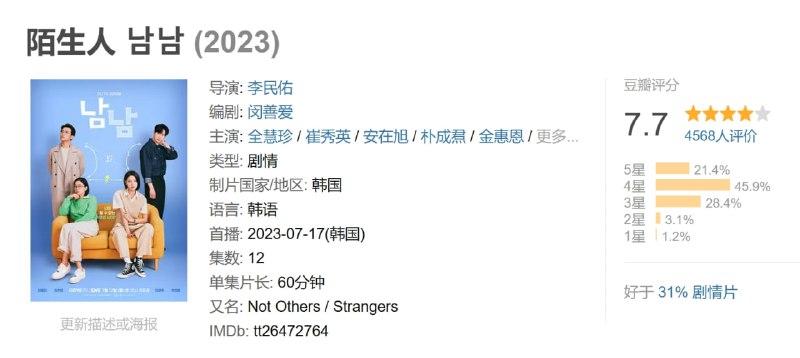 名称：陌生人 남남 (2023)描述：全慧珍饰演高中时生下女儿的妈妈恩美，崔秀英饰演与妈妈、恋人、朋友一起生活的女儿珍熙
