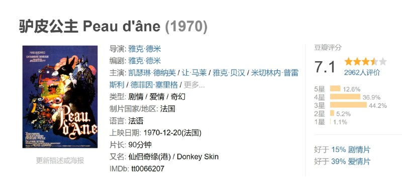 名称：驴皮公主 Peau d'âne (1970)描述：来自“灰姑娘”的作者，找带得上戒指的姑娘根本就是灰姑娘的另一个版本