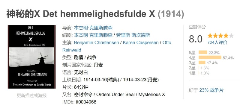 名称：神秘的X Det hemmelighedsfulde X (1914)描述：海军陆战队军官范·豪恩怀着沉重的心情，准备离开家人前往战场，却在偶然间发现妻子与斯皮内利伯爵的秘密联络