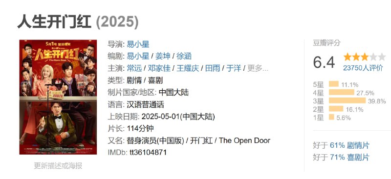 名称：人生开门红 (2025)描述：一场意外的危机公关，让“烤肠哥”周大江(常远 饰)阴差阳错与顶流网红小海茉(邓家佳 饰)组成了“预制情侣”，被迫为霸道总裁秦天龙(王耀庆 饰)“顶包”的周大江，误打误撞成为了直播新宠