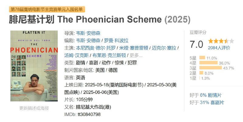 名称：腓尼基计划 The Phoenician Scheme (2025)描述：欧洲军火与航空界的商业巨擘Zsa-zsa Korda(本尼西奥·德尔·托罗 Benicio del Toro 饰)为了执行神秘计划，指定自己的修女女儿Liesl(米娅·塞普雷顿 米娅·瑟普尔顿 饰)成为遗产的继承人，而另一群匪徒想要阻止这位大亨，混乱与杀戮就此展开