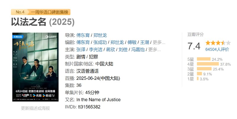 名称：以法之名 (2025) 全36集 4k高码率描述：本剧讲述了海东省检察院检察官洪亮、郑雅萍等人在复查东平市“万海黑社会性质组织案”过程中发现司法人员在案件中的徇私枉法
