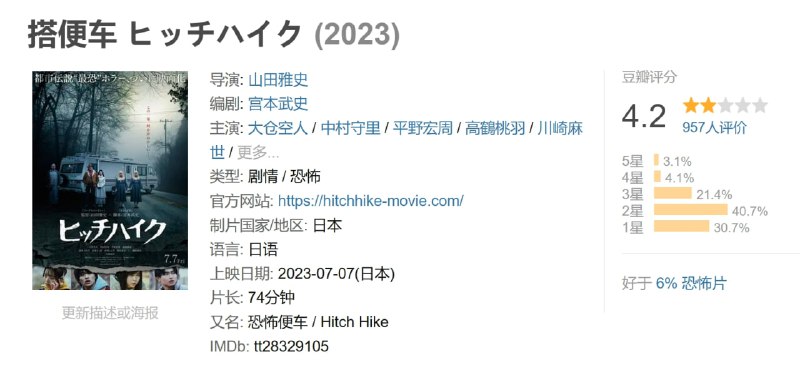名称：搭便车 ヒッチハイク (2023)描述：大学生凉子和茜在登山回来的途中迷路，好不容易走到公交车站，却没有任何公交车经过