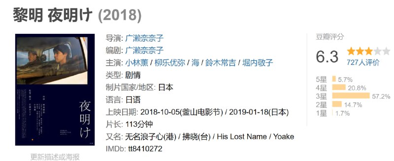 名称：黎明 夜明け (2018)描述：跳出《比海還深》（2016）的助導身位，廣瀨奈奈子繼承恩師是枝裕和一貫家庭缺失主題，以圓熟的敘事技巧，剖開父子關係的思考空間
