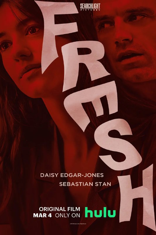 名称：新鲜 Fresh (2022)描述：　　诺阿(黛西·埃德加-琼斯 Daisy Edgar-Jones 饰)是一个喜欢通过交友软件来结识新人的女孩，某一日，在进行了一场糟糕的约会之后，诺阿在超市里邂逅了名叫史蒂夫(塞巴斯蒂安·斯坦 Sebastian Stan 饰)的男子，两人交换了联系方式