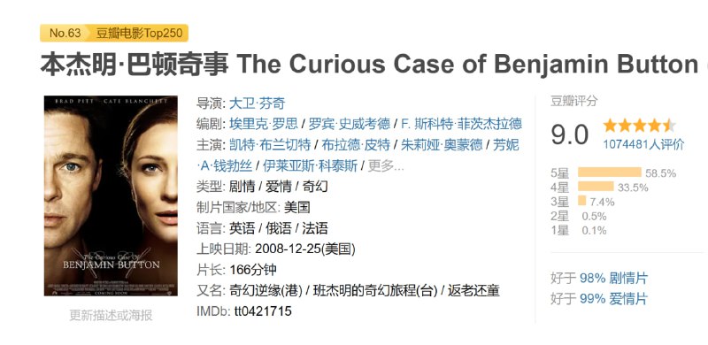 名称：本杰明·巴顿奇事 The Curious Case of Benjamin Button (2008)描述：飓风正在侵袭美国新奥尔良，一位病危的老妇睁开了她的睡眼