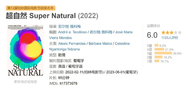 名称：超自然 Super Natural (2022)描述：它以黑暗中的两个声音开始，尽管他们几乎不是声音，更多的电子压制噪音在配乐中来回飞舞，他们的信息带有字幕，轻轻地引导我们穿越电影