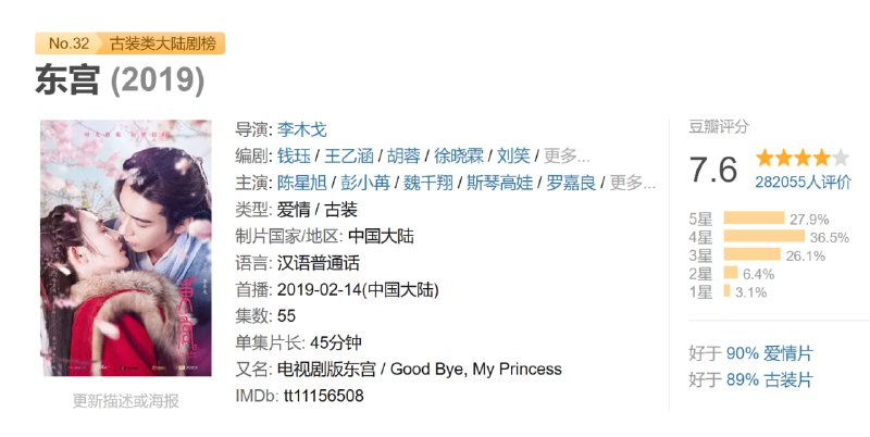 名称：东宫 (2019)描述：西州国九公主小枫和中原太子李承鄞，为维护两国和平而联姻，就在两人感情渐入佳境时，小枫突然回忆起李承鄞杀害自己家人的事情，原来他们二人曾彼此深爱，但却双双落入忘川，忘记了彼此