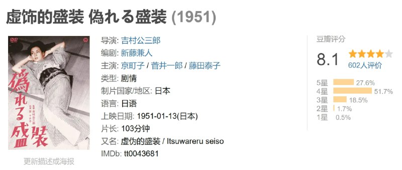 名称：虚饰的盛装 偽れる盛装 (1951)描述：君蝶是名色艺双绝的艺妓