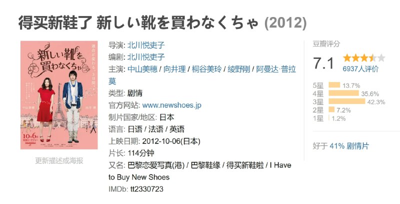 名称：得买新鞋了 新しい靴を買わなくちゃ (2012)描述：小有名气的日本摄影师八神千(向井理 饰)被妹妹铃爱(桐谷美铃 饰)硬拉到浪漫之都法国巴黎，谁知刚刚抵达没多久，千便被妹妹独自扔在塞纳河畔