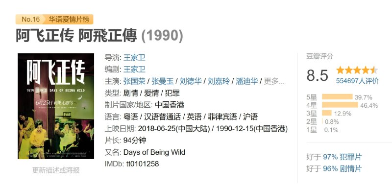名称：阿飞正传 阿飛正傳 (1990)描述：1960年代的香港，因生母在阿飞旭仔(张国荣)长大成人过程中的缺失，他把自己优雅地比喻为“无根鸟”，对生命中遇到的每一个女人都表现得放荡不羁，售票员苏丽珍(张曼玉)和舞女咪咪(刘嘉玲)先后令他感受过温暖，可是她们也只能当当小情人