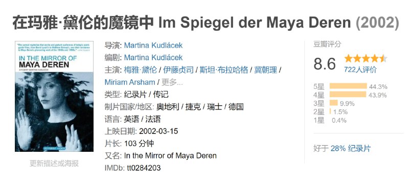 名称：在玛雅·黛伦的魔镜中 Im Spiegel der Maya Deren (2002)描述：影片是一部影人传记式的纪录片，《玛雅黛伦的魔镜》(In the Mirror of Maya Deren)是一位醉心于实验电影的女导演玛蒂娜库拉席克，追溯前辈玛雅黛伦生平的作品，玛雅黛伦不仅对前卫电影与女性电影多有启发，她对巫毒教的热中，也是这部片的另一条重要线索
