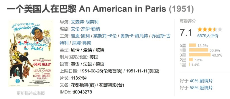 名称：一个美国人在巴黎 An American in Paris (1951)描述：杰瑞•莫里恩（金•凯利 Gene Kelly 饰）是住在巴黎一位穷困潦倒的美国画家，通过朋友钢琴手亚当（奥斯卡•莱文特 Oscar Levant 饰），杰瑞结识了一位当红法国歌手亨利（乔治•盖塔瑞 George Guétary 饰）
