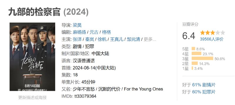 名称：九部的检察官 (2024)描述：故事讲述了空降未成年人检察部的主任雷旭（张译 饰），与未检检察官都子瑜（秦岚 饰）、书记员杨甜（徐帆 饰）、法警徐张荔（王真儿 饰）、及检察官助理刘柳（邹元清 饰）在办理未成年人案件的同时，深掘案件背后的真相，同心呵护少年、以爱浇灌未来的故事