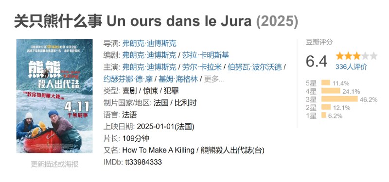 名称：关只熊什么事 Un ours dans le Jura (2025)描述：这部影片以法国汝拉山脉的冷峻荒原为背景，讲述了一对濒临情感破裂的夫妻米歇尔(Franck Dubosc饰)与凯茜(Laure Calamy饰)因一场意外卷入巨额金钱与人性考验的故事