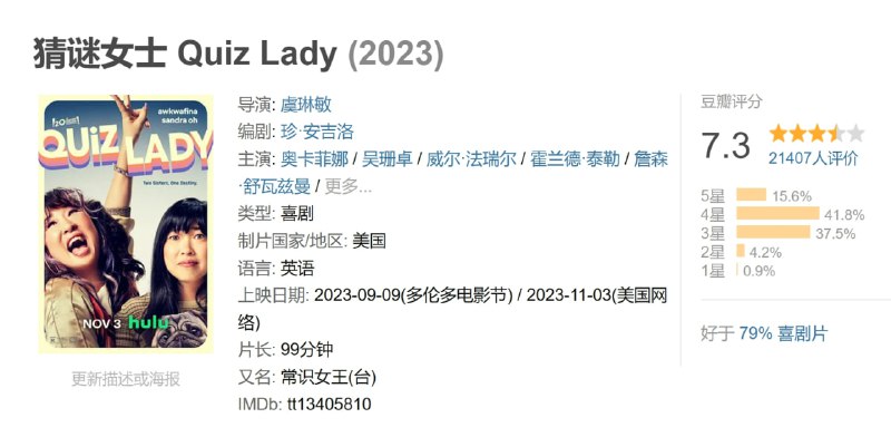 名称：猜谜女士 Quiz Lady (2023)描述：貌不惊人的阎安妮(奥卡菲娜 Awkwafina 饰)是一家公司的平凡小职员，许是性格的原因，又或者是种族的缘故，她在公司内就如同透明一般的存在，几乎不会参与到集体讨论中去，而他人也有意无意忽视着这个黄皮肤的女孩