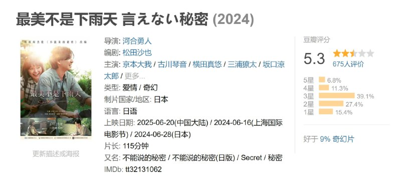 名称：最美不是下雨天 言えない秘密 (2024)描述：音乐大学学生湊人(京本大我 饰)在过去的事件中受到创伤，她与雪乃(古川琴音 饰)在钢琴的引导下相互吸引，雪乃的天真烂漫和动人心弦的琴音抚慰了湊人，两人一起度过的日子变得无可替代，但有一天，雪乃从湊人面前消失了