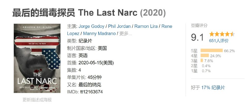 名称：最后的缉毒探员 The Last Narc (2020)描述：1985年DEA探员“Kiki” Camarena的卧底身份暴露后被残忍杀害，该纪录片讲述这一案件的始末