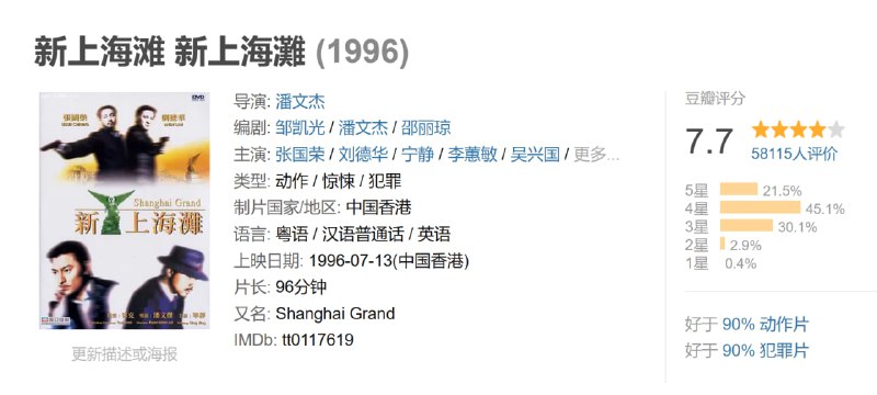 名称：新上海滩 新上海灘 (1996)描述：年轻军官许文强（张国荣）逃往路上被日本特务伏击堕海，漂浮到外滩岸上时身体不支晕倒，丁力（刘德华）路过欲将其救却遭其下意识的武力，两人一番打斗后结为好友