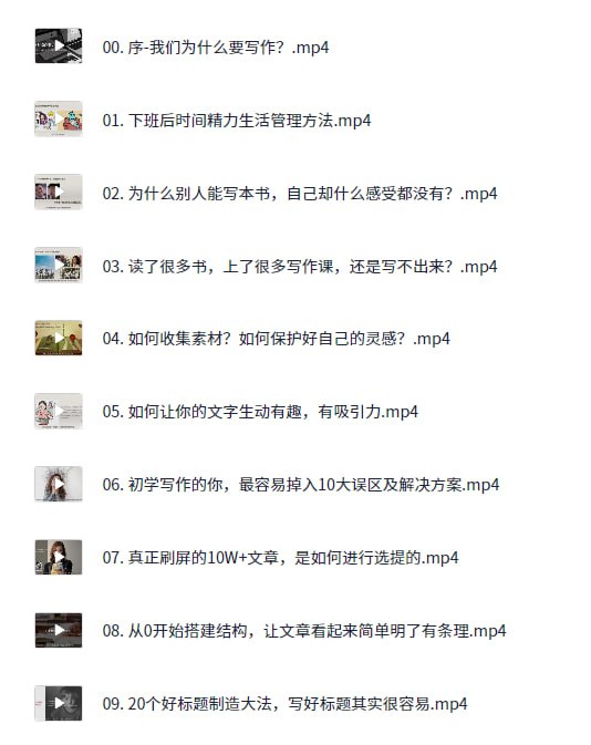 名称：《如何利用下班时间写作》mp4描述：这套课程为职场人士量身打造下班写作成长体系，破解从零开始到稳定变现的全流程难题