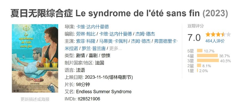 名称：夏日无限综合症 Le syndrome de l'été sans fin (2023)描述：当她得知丈夫可能与他们的一个孩子有染时，两个收养孩子的母亲的责任感发生了可怕的转变