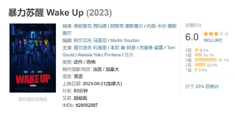 名称：暴力苏醒 Wake Up (2023)描述：★ 虐殺尺度直逼【奪魂鋸】血腥程度更勝【德州電鋸殺人狂】★ 當狂熱份子遇上嗜血保全 一場獵人與獵物的戰鬥即將展開★ 當抗議行動變成血腥噩夢 一場殘酷屠殺生死鬥即將血淋淋登場★ 歡迎光臨！殺戮賣場營業中 獵殺遊戲不打烊一群年輕人為了表達自己的環保訴求，決定在家居賣場打烊後偷偷大搞破壞，沒想到卻引來了嗜血保全的瘋狂殺戮…链接：