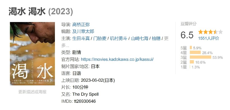 名称：渴水 渇水 (2023)描述：影片改编自河林满原作小说，烈日炎炎的夏天，在城市供水部门工作的岩切俊作(生田斗真 饰)，日复一日地走访那些拖欠水费的家庭，关闭供水