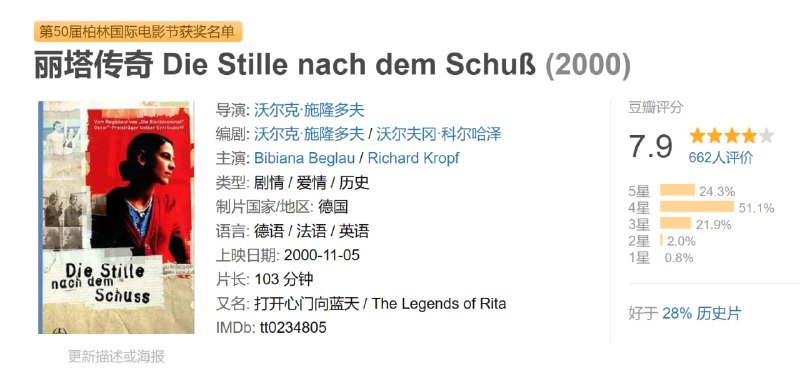 名称：丽塔传奇 Die Stille nach dem Schuß (2000)描述：70 年代的 FRG