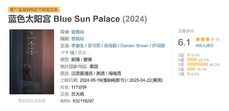 名称：蓝色太阳宫 Blue Sun Palace (2024)描述：纽约法拉盛的按摩院流连着欲望的躯体，也藏着不可见光的秘密