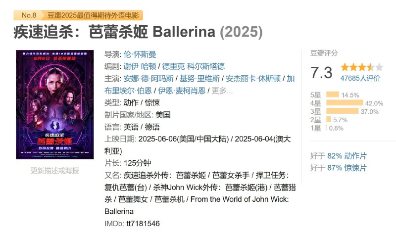 名称：疾速追杀：芭蕾杀姬 Ballerina (2025)描述：父亲惨遭杀害，少女伊芙(安娜·德·阿玛斯 饰)被迫加入杀手组织，在这里她被培养成为一名芭蕾舞者，同时接受了长达12年的魔鬼训练成为了顶级杀手，开启了血刃仇人的杀戮之旅