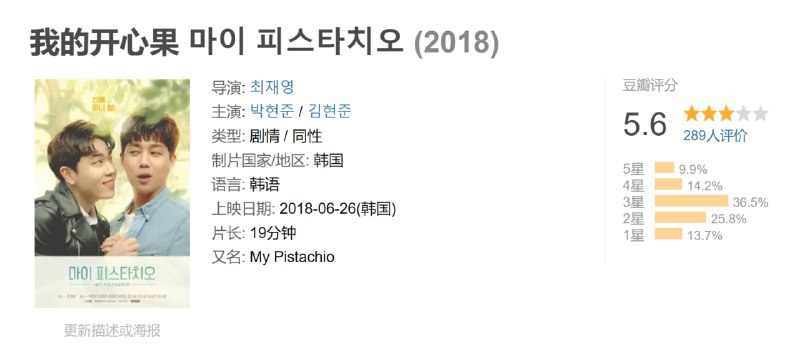 名称：我的开心果 마이 피스타치오 (2018)描述：Muyeong暗戀著Hanbit，卻不敢說出口，他報名了Hanbit執導的一部戲，試圖引起Hanbit的注意，可是Hanbit早已選定男主角，Muyeong是否有機會獲取芳心？链接：