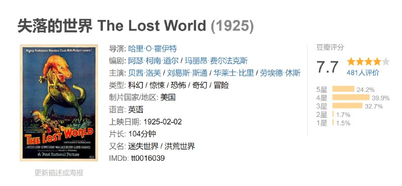 名称：失落的世界 The Lost World (1925)描述：影史经典默片，有史以来第一部怪兽科幻片，第一部带有定格动画的电影长片