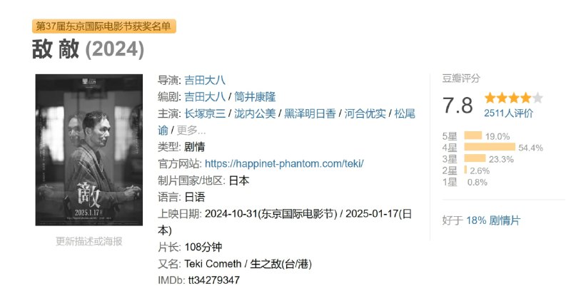 名称：敌 敵 (2024)描述：大学教授渡边退休后独居小屋，每日煮饭、操持家务，在日复一日的淡雅日常中，打点自身晚年生活