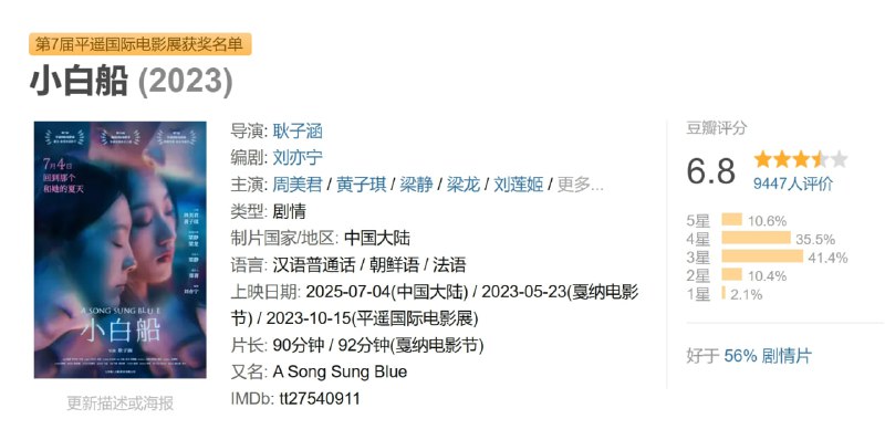 名称：小白船 (2023)描述：刘娴(周美君 饰)十五岁的夏天， 是最孤单寂寞的夏天