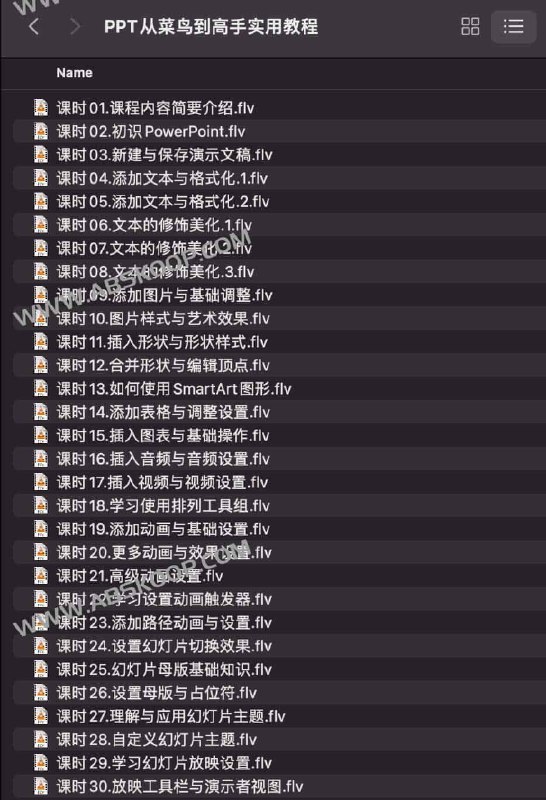 【资料】名称：PPT从菜鸟到高手实用教程 | 简介：《PPT从菜鸟到高手实用教程》是一门覆盖广泛的实用课程，旨在为学员提供从基础到进阶的学习内容，无论是理论知识还是实际操作技巧，都能帮助学员在相关领域中获得深入的理解和应用能力