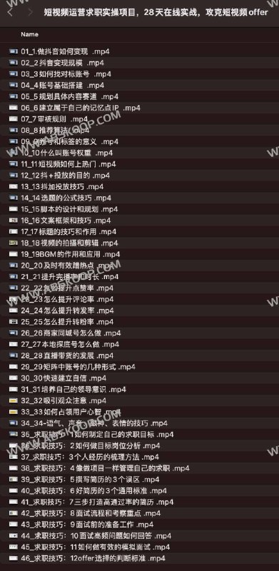 名称：《28天短视频运营求职实操项目》|简介：28天短视频运营求职实操项目这门课程为学习者提供了全面的知识和技巧，涵盖了从基础到进阶的多项内容