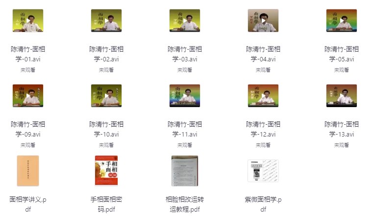名称：《陈清竹面相学》简介：《陈清竹面相学》是关于面相学知识的资料，其以传统面相学理论为基础，陈清竹对五官、面部纹路、气色等方面进行详细解读